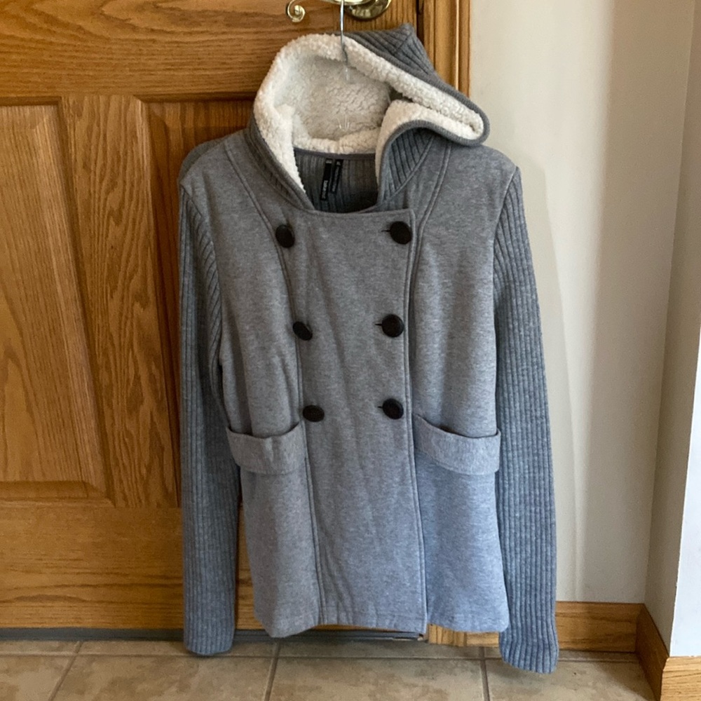 TakeOut Gray Double breasted Sweater Jacket with Sherpa Hood, XL